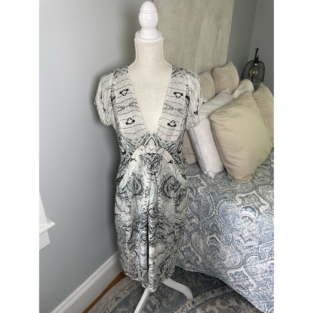 Brian Reyes Silk Dress Size 10 | Abstract Print Deep V Neck Designer Midi